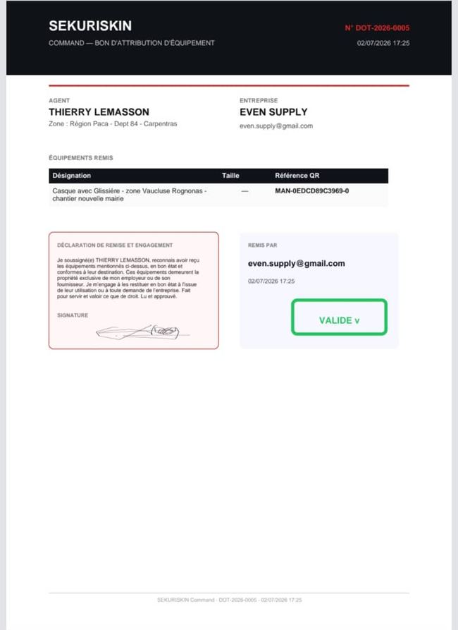 Exemple de bon de dotation SEKURISKIN signé électroniquement